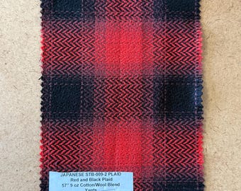 3 Yards Japanese Wool Plaid Fabric Red and Black Cotton / Wool Blend 9 oz 57”