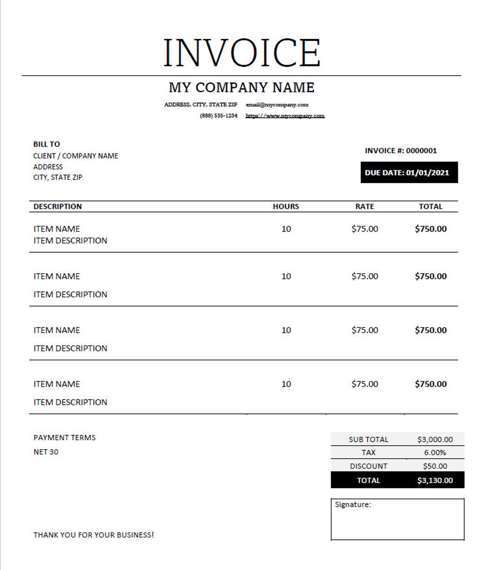 Invoice Template Word Printable & Editable Black and White | Etsy