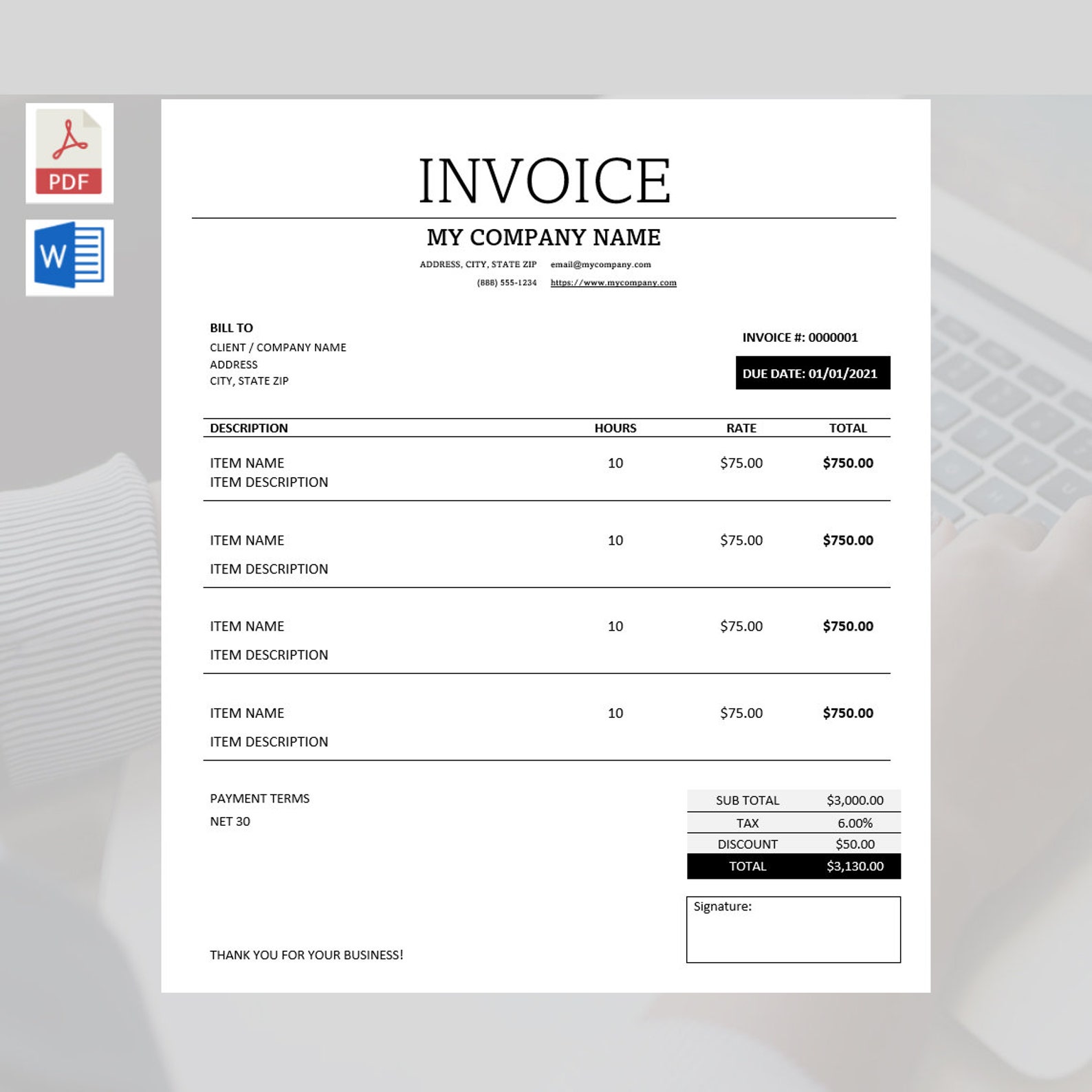 Invoice Template Word Pastel Pink Billing Form Editable Etsy