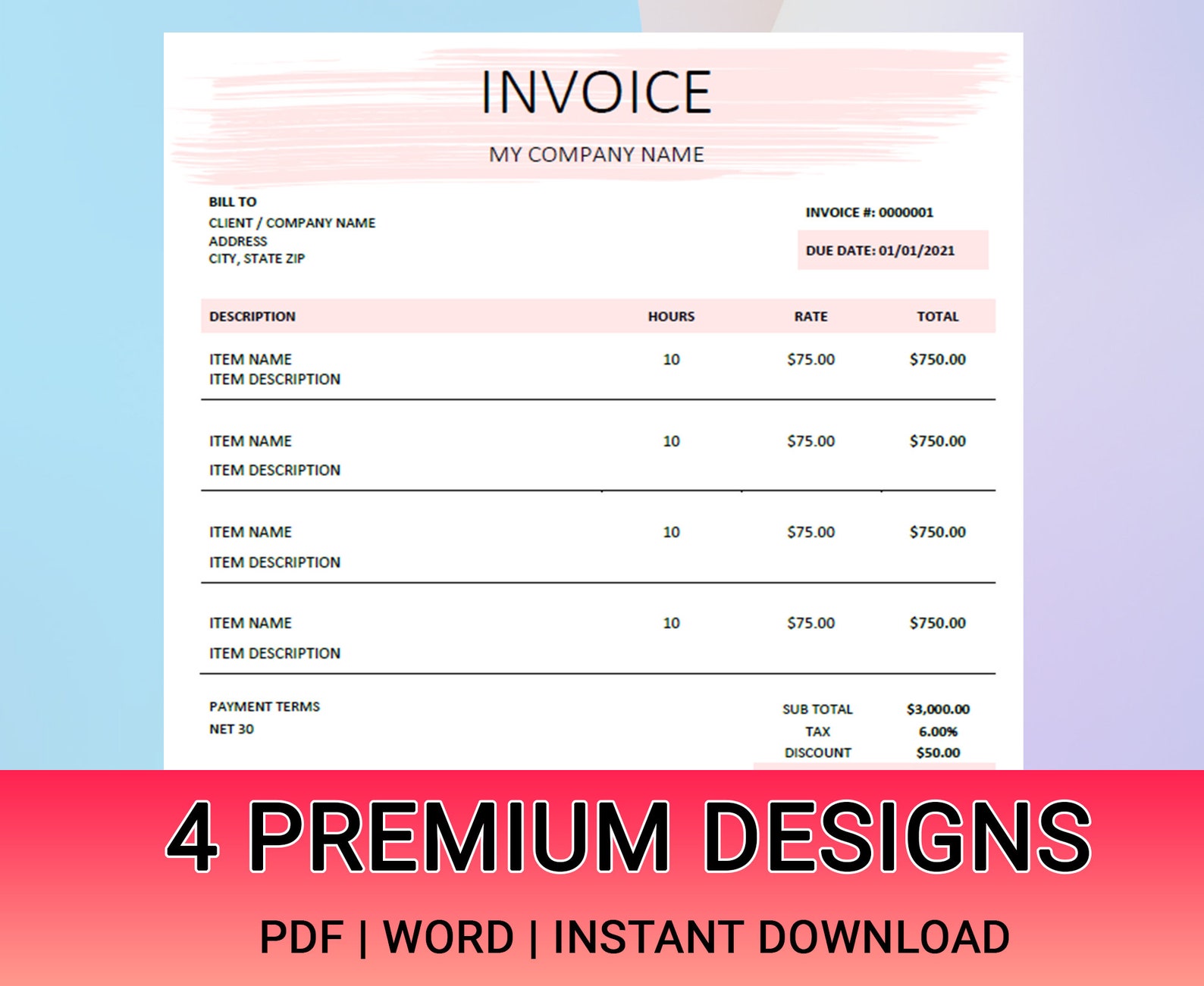 Invoice Template Word Pastel Pink Billing Form Editable Etsy