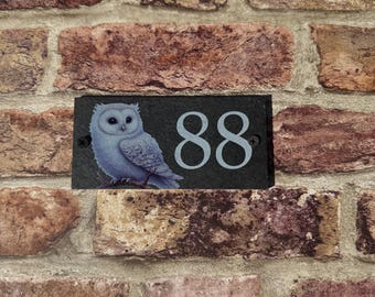 Personalised outdoor house plaque, house sign, rustic slate door number, farmhouse plaque, door number, white owl house sign, albino owl.