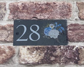 Personalised outdoor house plaque, house sign, rustic slate door number, farmhouse plaque, door number, flower house sign, flowers, floral.