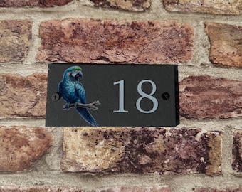 Personalised outdoor house plaque, house sign, rustic slate door number, farmhouse plaque, door number, parrot house sign, parrot, bird.