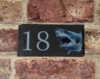 Personalised outdoor house plaque, house sign, rustic slate door number, farmhouse plaque, door number, shark house sign, sea animal, shark.