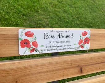 Personalised memorial plaque, poppy memorial, in loving memory, lest we forget, personalised, memorial bench plaque, memorial bench.