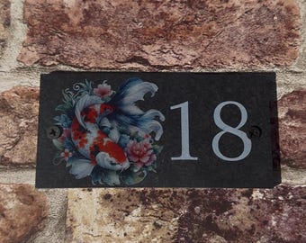 Personalised outdoor house plaque, house sign, rustic slate door number, farmhouse plaque, door number, koi fish house sign, koi fish, fish.