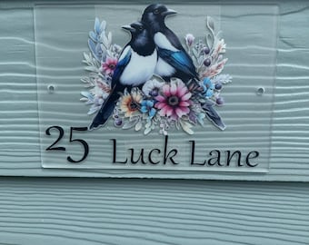 Magpie Acrylic house plaque, personalised, magpies, family, outdoor, house sign, family name, gift, birthday, Flowers.