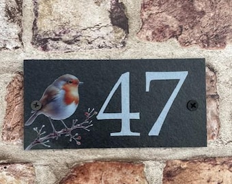 Personalised outdoor house plaque, house sign, rustic slate door number, farmhouse plaque, door number, robin house sign, robin branch.