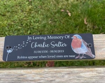 Personalised memorial plaque, robin bench plaque, in loving memory, personalised, memorial bench plaque. Weatherproof Acrylic (17x5cm)