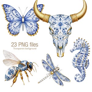 Clipart di Chinoiserie con animali blu e bianchi, farfalla, libellula, ape, aragosta, teschio di toro, cavalluccio marino - PNG, diario spazzatura