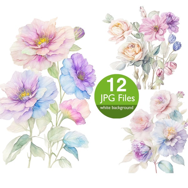 Pastel Floral clip art JPG elements, pastels flower bouquet watercolor art, planner, invitation, clipart sticker  junk journal, scrapbook