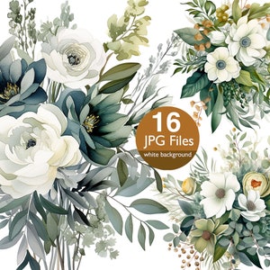 Grüne Blumen ClipArt, JPG floral, Greenery Clipart, Blumen für Hochzeitseinladung, Planer, Aufkleber Junk Journal