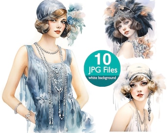 Flapper girl clip art, JPG flapper girls 1920's watercolor clipart, art deco, Retro, planner sticker, junk journal