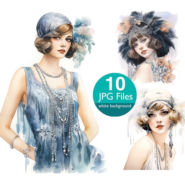 Flapper girl clip art, JPG flapper girls 1920 ' s aquarelle clipart, art déco, rétro, autocollant de planificateur, journal indésirable