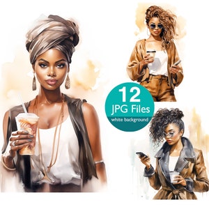 Chica afroamericana tomando café, imágenes prediseñadas, JPG, moda de mujeres negras, imágenes prediseñadas, diario basura