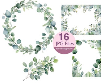 Eucalyptus leaves clip art, JPG Frames and borders clipart, flowers for wedding invitation, planner, sticker junk journal