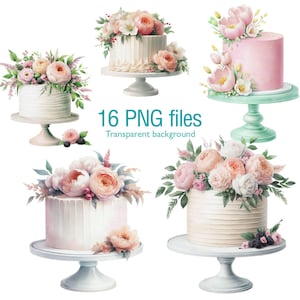 花柄ケーキのクリップアートセット 水彩画ウェディングケーキ PNG、エレガントなケーキトッパーアート、招待状やスクラップブッキング用のヴィンテージ花柄ケーキ