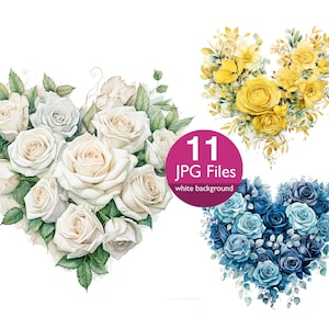 Clipart de rosas de coração, clipart floral JPG do dia dos namorados, flores para convite de casamento, planejador, diário de lixo adesivo