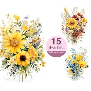 Gele Wildflower clip art, JPG bloemboeket aquarel clipart, bloemen voor huwelijksuitnodiging, planner, sticker junk journal