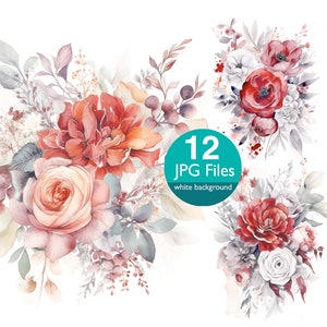 Watercolor Red florals clip art, JPG floral bouquet Rose clipart, flowers for wedding invitation, planner, sticker junk journal