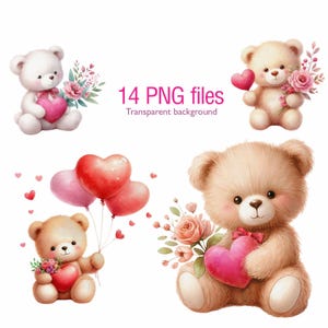 Watercolor Teddy Bear Clipart: Valentine&#39;s Day PNG (Digital Download)