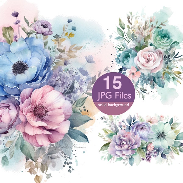 Pastel Floral clip art JPG elements, pastels flower bouquet watercolor art, planner, invitation, clipart sticker  junk journal, scrapbook