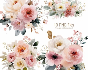 Blush Pink Watercolor Flowers Clip art | Pastels Floral PNG | Rose Peony Wedding Bouquet Graphics Peonies & Roses Clipart