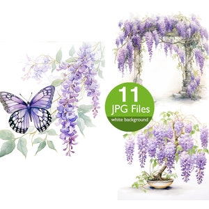 Clipart floral de glicínias, clipart de buquê floral JPG, flores e borboleta para convite de casamento, planejador, diário de lixo adesivo