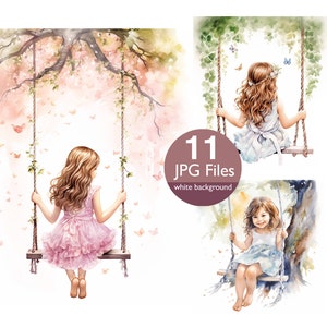Clip art ragazza sull'altalena, JPG albero con altalena stravagante acquerello clipart diario spazzatura