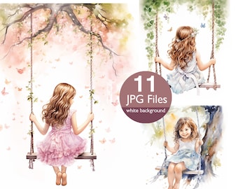 Girl on Swing clip art, JPG tree with whimsical swing  watercolor clipart junk journal