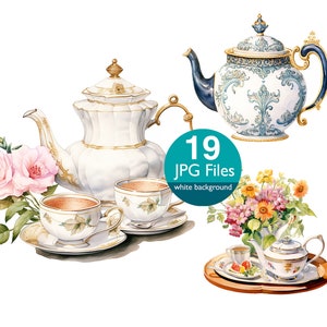 Op de afbeelding: Een set van 19 aquarel illustraties van theekopjes, theepotten en bloemen. De theekopjes en theepotten zijn versierd met gouden randen en bloemmotieven. De bloemen zijn roze, geel en oranje.