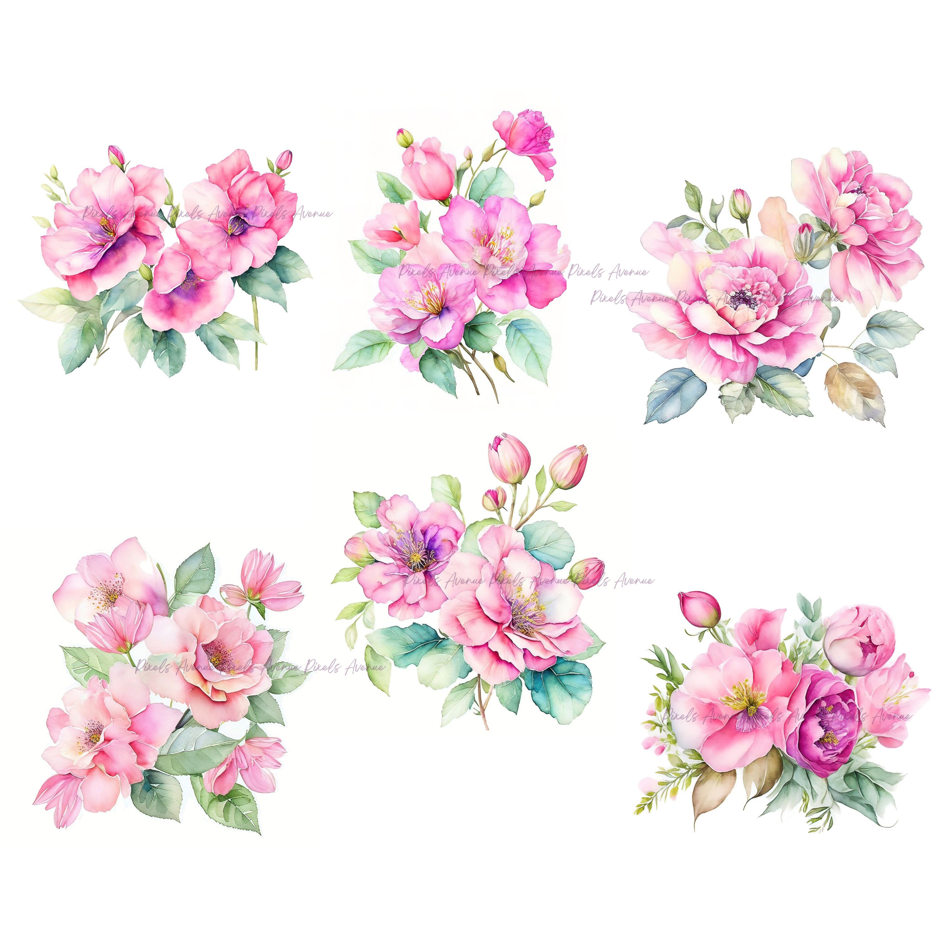 Pink Flowers Clip Art JPG Roses Flower Watercolor Clipart - Etsy