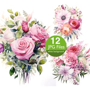 Clipart floral fúcsia e rosa claro em aquarela, buquê floral JPG clipart de rosa, flores para convite de casamento, diário de lixo adesivo