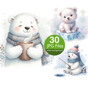 Image clipart ours polaire, clipart animaux Wnter aquarelle JPG, créations en papier, invitation, agenda, carnet d'autocollants indésirables, album de scrapbooking