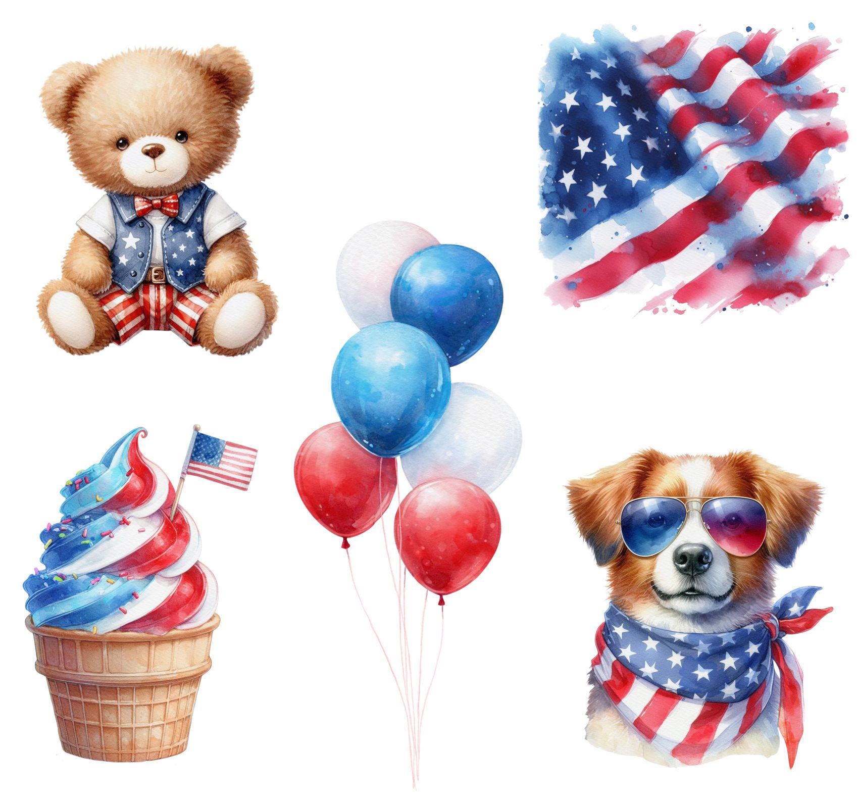 4th of July Watercolor Clipart: Patriotic USA Graphics (20 PNG Files ...