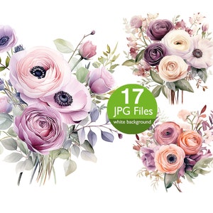 Ranunculus Watercolor Clipart: Floral Wedding Invitation Graphics (JPG Files)