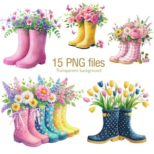Floral Garden Boots Clipart: Spring Flower PNG Graphics (Digital Download)