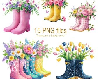 花柄ガーデンブーツのクリップアート：春の花のPNGグラフィック（デジタルダウンロード）