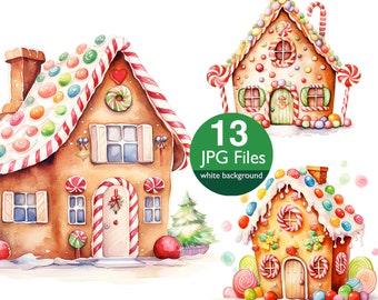 Clipart de maison de pain d&#39;épice, aquarelle de Noël JPG, clipart de vacances, journal indésirable, fabrication de cartes