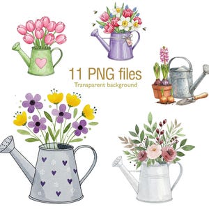 Ensemble de cliparts de jardinage aquarelle, fleurs de printemps, arrosoir, outils de jardin, PNG pour travaux manuels et invitations, journal indésirable, autocollant de l'agenda