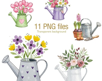 Clipart di giardinaggio ad acquerello: fiori primaverili, attrezzi da giardino (file PNG)