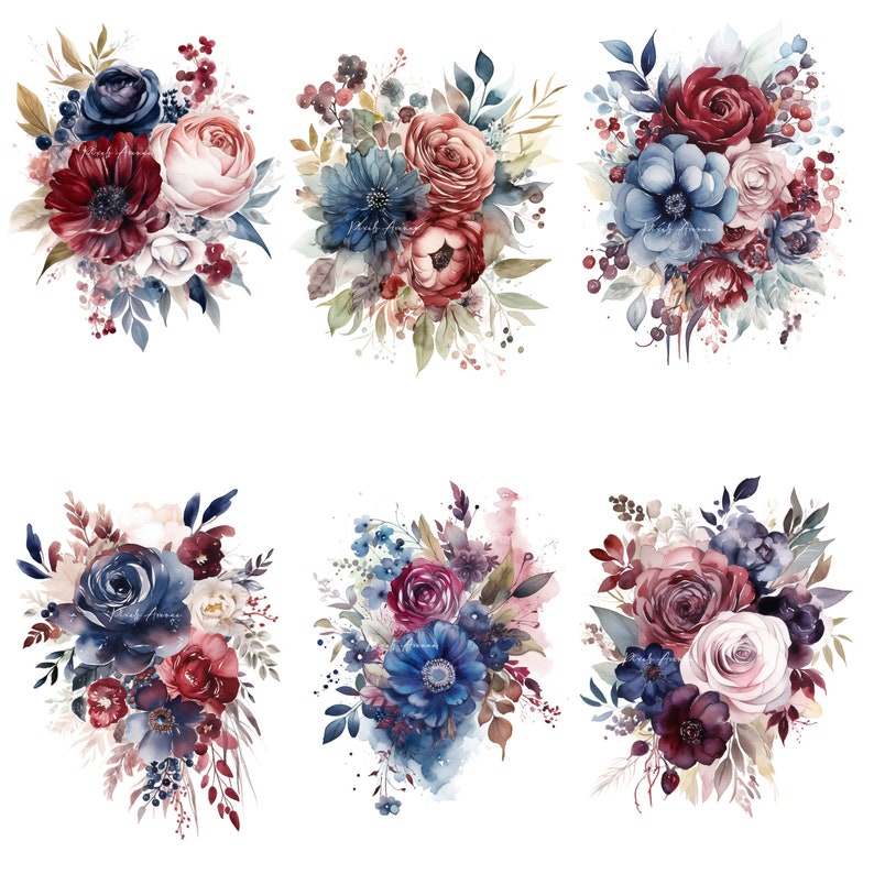 Navy Blue and Red Clip Art JPG Blue Roses Flower Watercolor Etsy