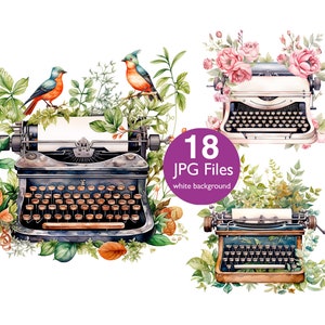 Vintage typewriter clip art, JPG watercolor, Retro typewriter design with flowers, Commercial use, Junk journal
