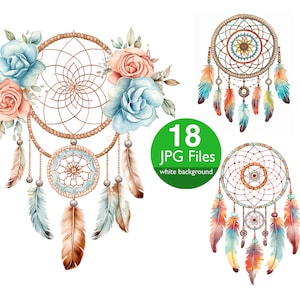 Clipart Dreamcatcher, JPG Boho chic Dream catcher clipart, Użytek komercyjny, Naklejki do cyfrowego planera