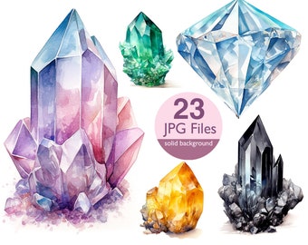 Può includere: Un set di 23 illustrazioni ad acquerello di vari cristalli e pietre preziose. I cristalli sono resi in tonalità di viola, blu, verde, giallo e nero. L'immagine include il testo "23 file JPG sfondo solido".