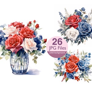Rote, weiße und blaue Blume Clip Art, JPG Blumenstrauß Aquarell Clipart, Blumen für Hochzeitseinladung, Planer, Aufkleber Junk Journal
