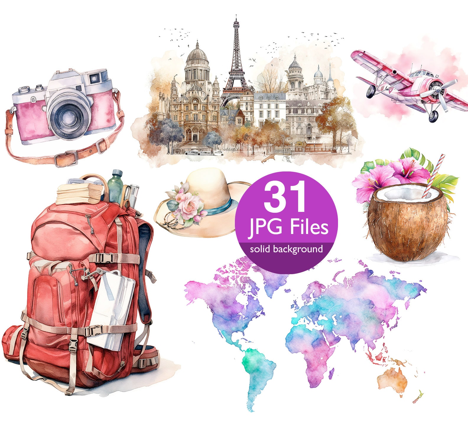 Watercolor Travel Clipart, Summer Holiday, Vacation Clipart, Tourism  Clipart, Planner Clipart, Adventure Clipart, PNG, Airplane Camera Globe 
