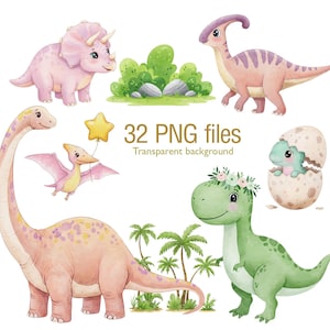 Aquarelle bébé dinosaure Clipart dinosaure – mignon dinosaure PNG pour chambre de bébé, fête d'anniversaire, faire-part de baby shower, ensemble pastel de clipart jungle