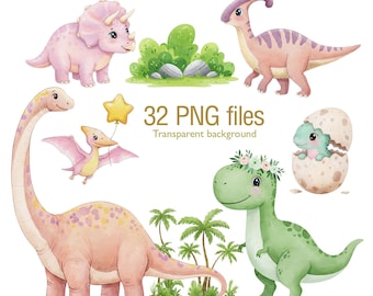 Clipart de dinosaurios bebés en acuarela: adorables imágenes PNG de dinosaurios para guarderías, fiestas de cumpleaños, invitaciones de baby shower y un conjunto de imágenes prediseñadas de jungla en tonos pastel.