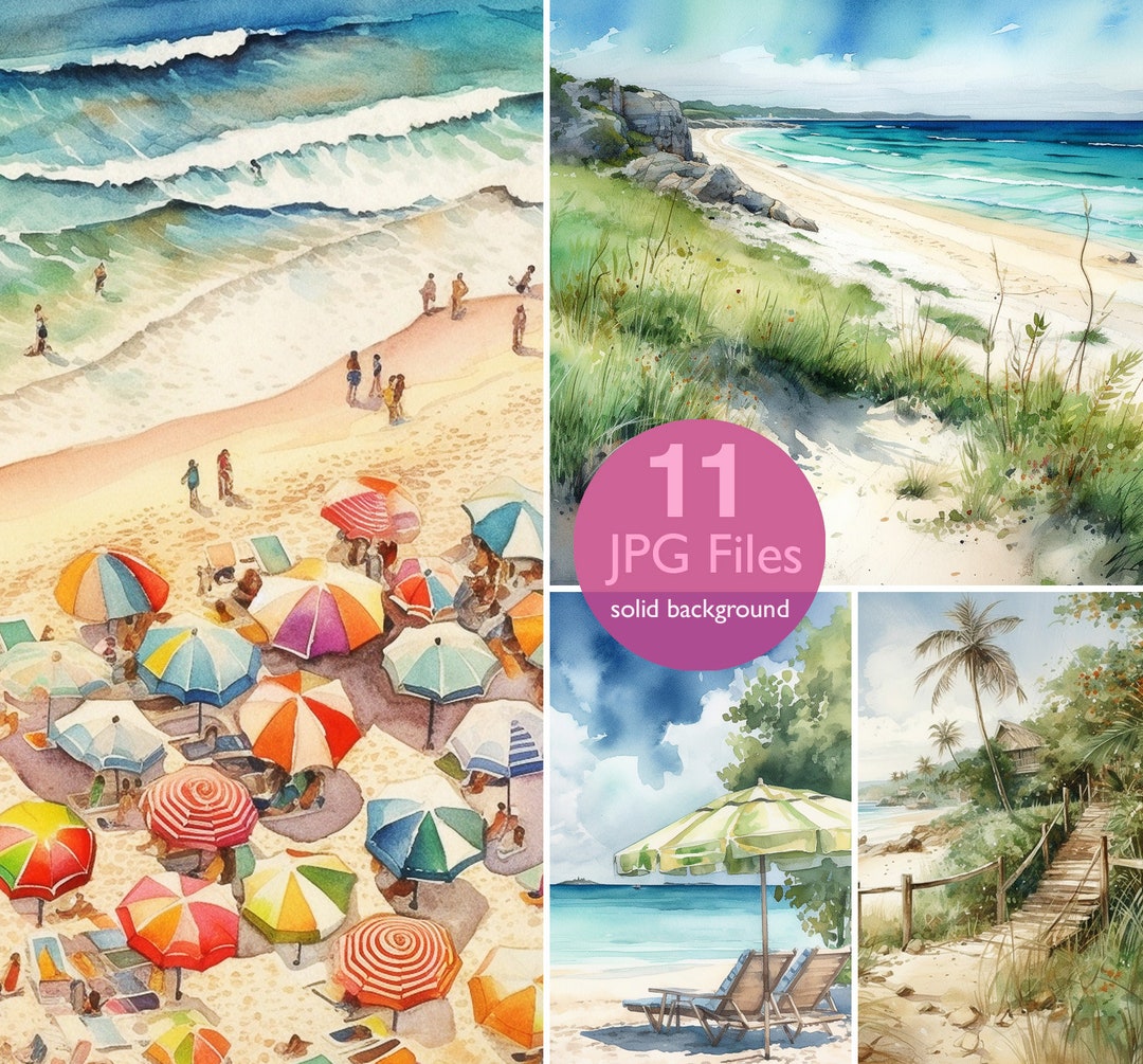 Beach Scene Graphics Beach Scenes Clip Art: Watercolor Seaside Designs (JPG Digital Paper ...